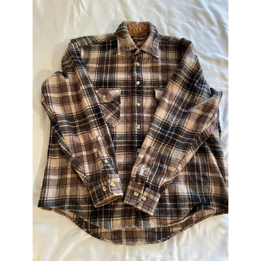 Montgomery Ward Wool Shirt Men Size L Brown Plaid 100% Virgin Wool Long Sleeve